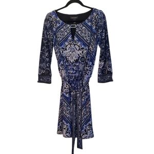 White House Black Market Blouson Scarf Print Blue and Black 3/4 Sleeve Dress M